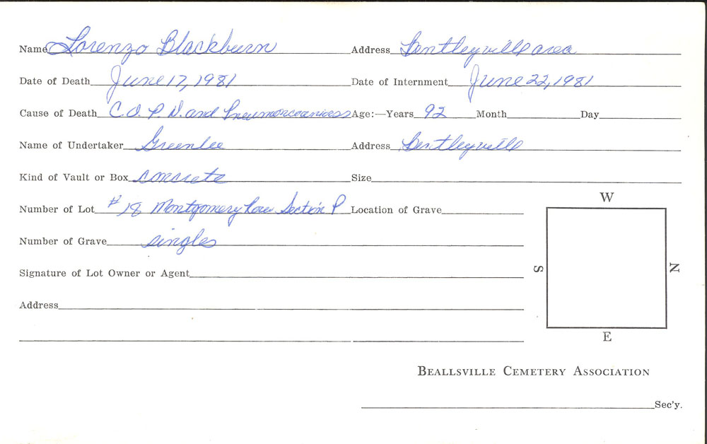 Lorenzo W. Blackburn burial card